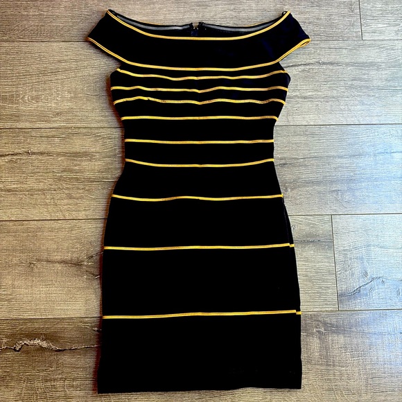 Tadashi Shoji Bodycon Gold And Black Scuba Knit Mini Dress, NWT - Picture 2 of 7